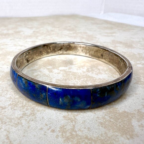 Vintage Fine 970 Silver Inlay Blue Lapis Lazuli Bangle Bracelet 26.5 Grams - Picture 1 of 8